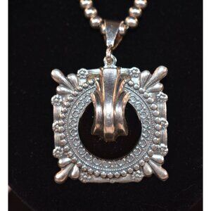 Vintage Navajo Sterling Silver Desert Beaded Necklace-Black Onyx Ornate Pendant